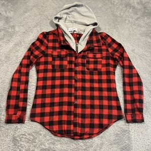 Ci Sono Hoodie Women's M Red‎ Black Buffalo Plaid Flannel Button Zip